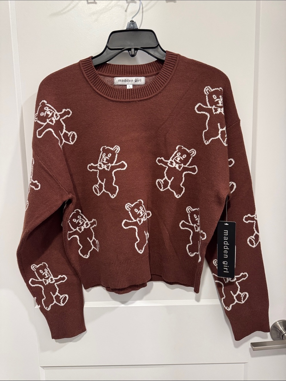 Madden Girl Chocolate Brown Teddy-Print Crewneck Sweater